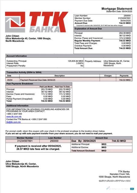 Download North Macedonia TTK Banka mortgage statement Word and PDF template Photoshop template